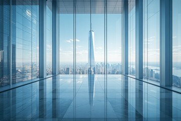 Panoramic view through modern glass windows with skyline in blue fog