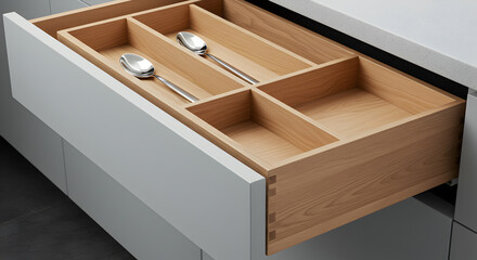 Elegant Kitchen Drawer Organizer with Wooden Dividers And Silver Spoons