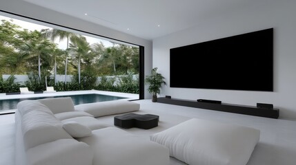 Fototapeta premium Modern minimalist living room with pool view. Spacious, bright, and contemporary design with large windows showcasing a tranquil outdoor space