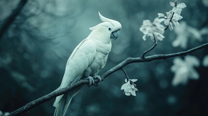 Graceful White Cockatoo Resting on a Delicate Branch Surrounded by Muted Florals and a Subtle Monochromatic Palette Creating a Peaceful Ambiance