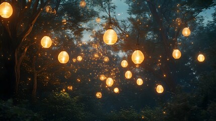 A magical forest scene with glowing lanterns and a star-filled sky