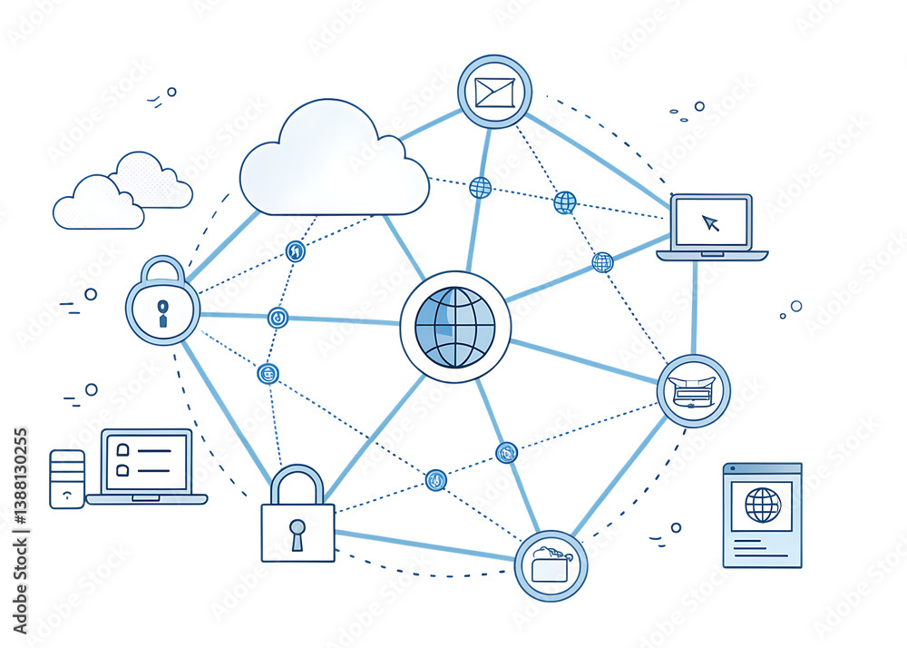 Aufkleber illustration depicting cloud computing network and security with connected devices and data icons