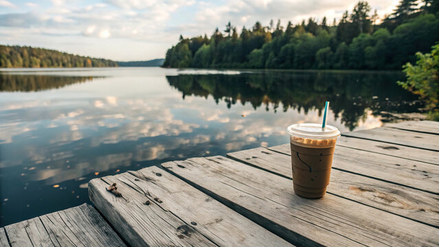 Iced coffee resting on a weathered dock with a serene lake view and lush greenery during a calm afternoon