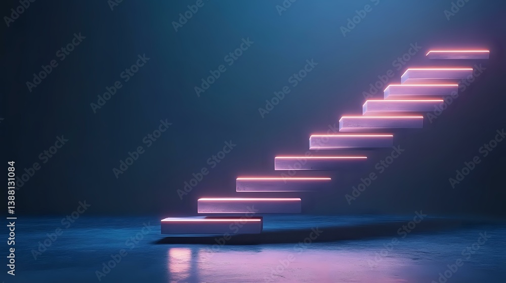 Aufkleber glowing pink neon steps floating in dark space with reflective floor surface create futuristic minim