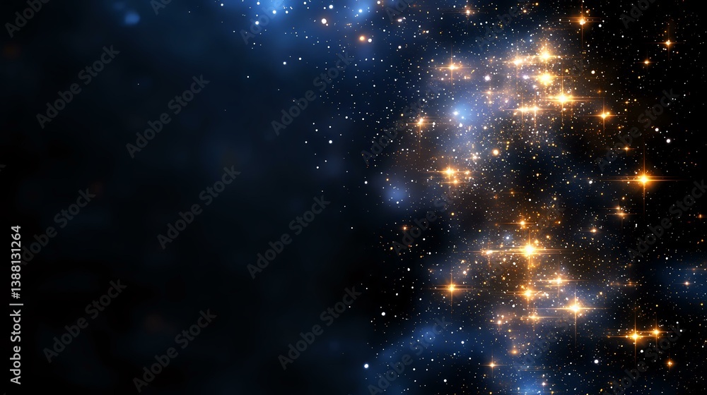 Poster glowing stars and nebula clusters illuminate dark space with brilliant golden and blue light, creati