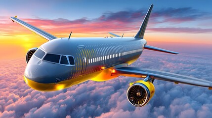 Fototapeta premium Commercial airplane flying above clouds at sunset
