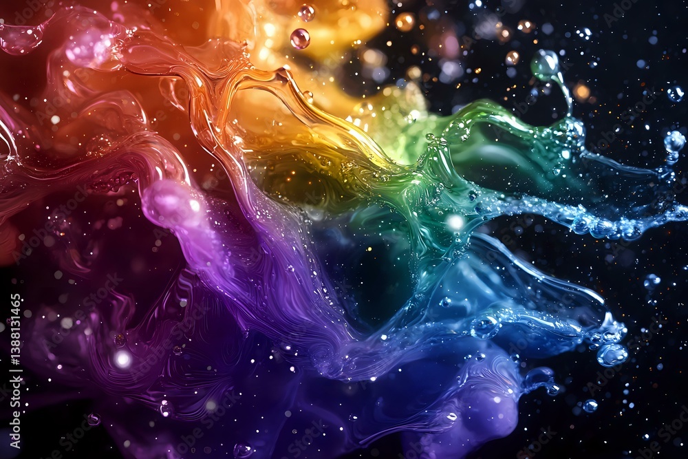 Poster vibrant rainbow colored liquid splash with glowing particles creating abstract cosmic art effect aga