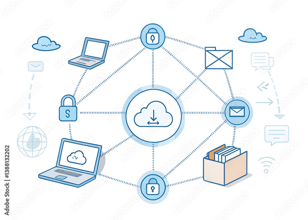 Aufkleber cloud network diagram showing connected devices and secure data transfer illustration design concept