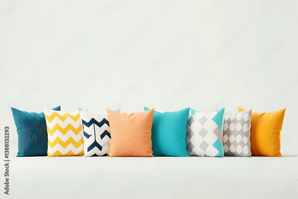 Poster decorative throw pillows arranged in row featuring modern geometric patterns and solid colors in tea