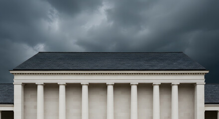 Minimalist Neoclassical Facade With Columns And Slate Roof Under Stormy Sky