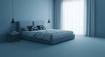 Monochromatic Bedroom With Geometric Patterned Throw Pillows And Natural Light