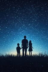 A silhouette family watching stars in the night sky together