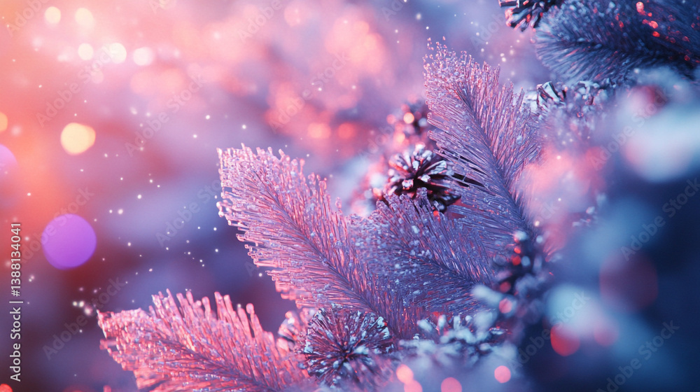 Aufkleber close up of frosted pine needles with pinecones and bokeh lights in a festive color scheme