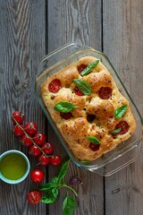 Fresh Italian flat bread Focaccia with tomatoes, olives, garlic and herbs on a wooden background.