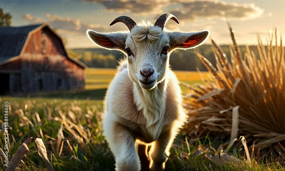 Poster a playful goat running through a field with a barn in the background during sunset.
