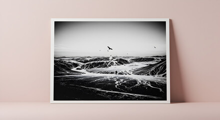 Monochrome Landscape Art Print Leaning Against a Pale Pink Backdrop