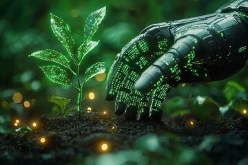 A robotic hand with glowing green circuitry gently touching a young plant with digital leaves, symbolizing the fusion of technology and nature.