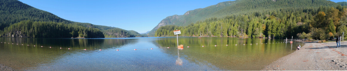 Panorama of Buntzen Lake during a fall season in Anmore, British Columbia, Canada