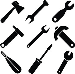 9 set working tools icon silhouette