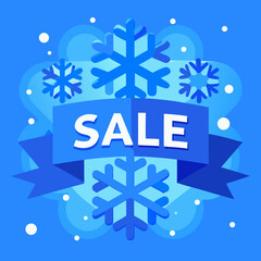 Fototapeta premium Snowflake sale banner featuring a blue background, promoting winter discounts and seasonal offers.