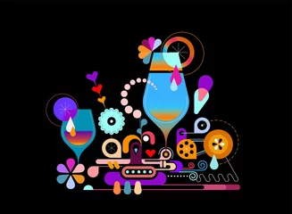 Fotobehang Colour design isolated on a black background Cocktail Machine graphic illustration. Creative mix of cocktail glasses and abstract decorative elements.  ©  danjazzia