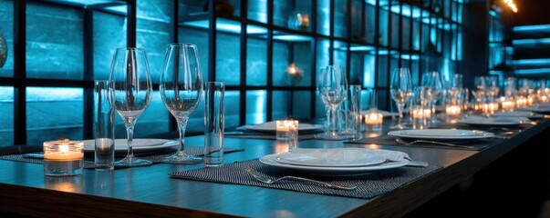 Luxury events gala dinner and elegant decor, A stylish dining setup featuring elegant glassware and soft lighting, creating an inviting atmosphere for a modern restaurant experience.