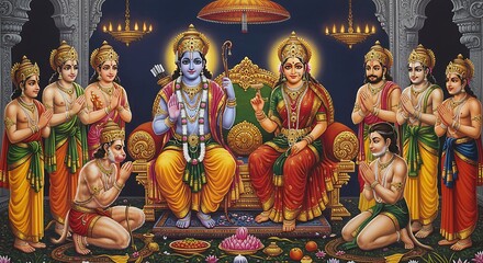 Ram and Sita enthroned with devotees, an artistic depiction of devotion