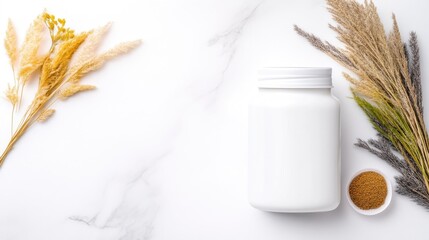 White supplement jar on marble surface with natural accents