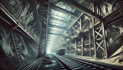 Vast Underground Mine with Heavy Metal Supports and Ore Transport Rails – Industrial Tunnel with Atmospheric Lighting and Rugged Textures