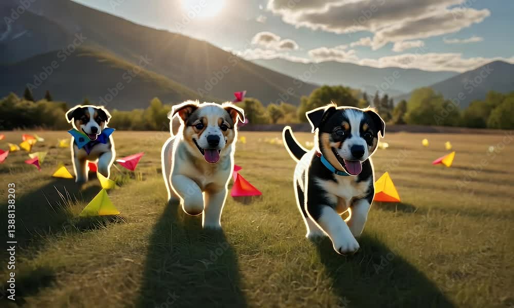 Poster three playful puppies running through a field with colorful paper planes at sunset.