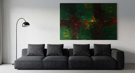 Modern Living Room Interior with Abstract Painting Above Gray Modular Sofa