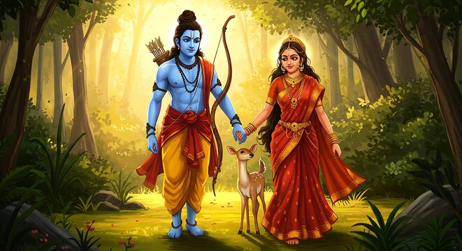 Naklejki Ram and Sita with a fawn in a forest setting, symbolizing love and nature