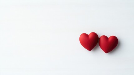 Two red hearts sit on a white background. The image is simple, with a minimalist composition. The lighting is even and bright. The style is clean and modern. The red hearts create a romantic mood ag