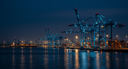 Obraz premium Night view of a port with cranes and cargo containers reflecting in the water at night time scene