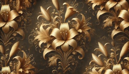 Elegant Seamless Floral Pattern with Golden Lilies on Dark Background – Luxurious Vintage Design for Wallpaper, Invitations, and Decorative Prints