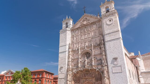 The historic San Pablo Church in Valladolid timelapse, showcasing its intricate facade, rose window, entrance portal and twin towers. A former Dominican convent in Castilla y Leon, Spain.
