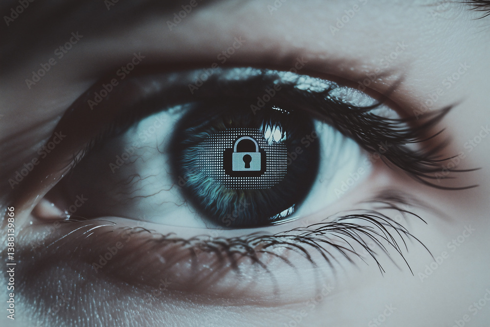 Poster security in sight: a close-up shot of an eye with a padlock superimposed on the iris, symbolizing da