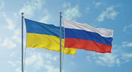 National Flags of Ukraine and Russia Flying Side by Side Against a Clear Blue Sky