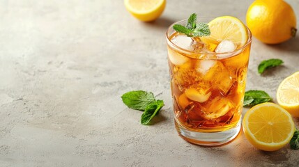 Refreshing iced cola with lemon slices and mint leaves served in a clear glass on a light grey surface—great for summer ads, beverage promotions, and drink menus