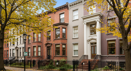 Obraz premium Neoclassical Row Houses With Matching Facades and Shared Wrought Iron Railings