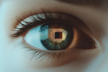 Naklejka premium Cybernetic Gaze: A macro shot of the human eye, mirroring the complex integration of technology with the human form, enhanced and futuristic.