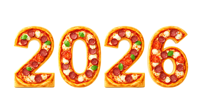 Delicious Pizza Typography 2026 With Toppings Isolated On Transparent Background



