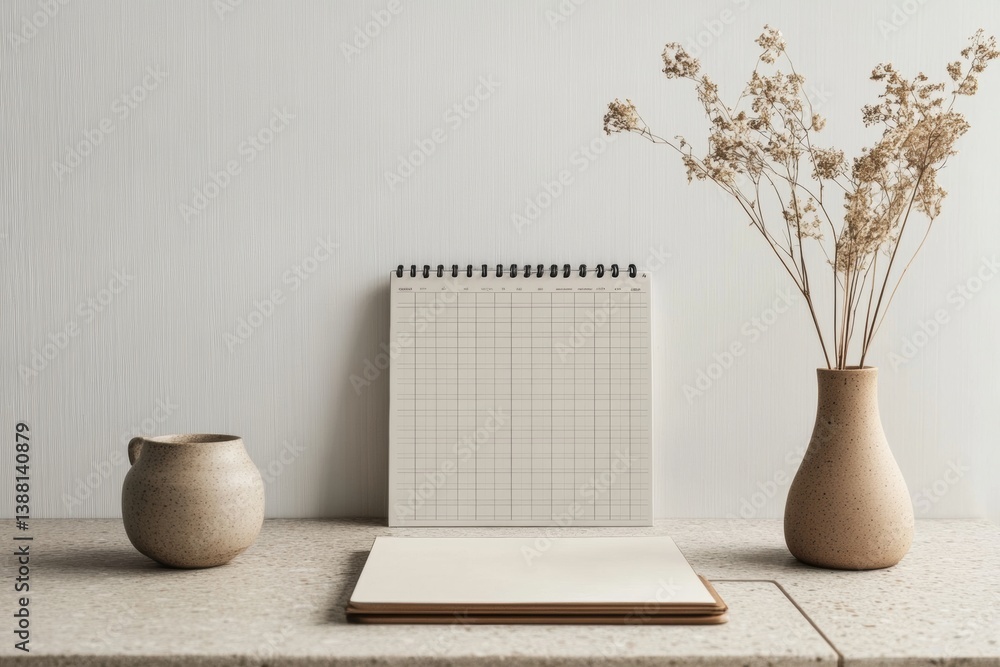 Poster Modern desk calendar with blank grid and soft neutral tones on minimalist workspace with vase and dried flowers in stylish composition