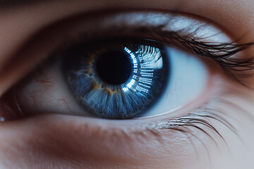 Naklejka premium Captivating Gaze: A close-up view of a mesmerizing blue eye, reflecting light and capturing a moment of introspection and depth.