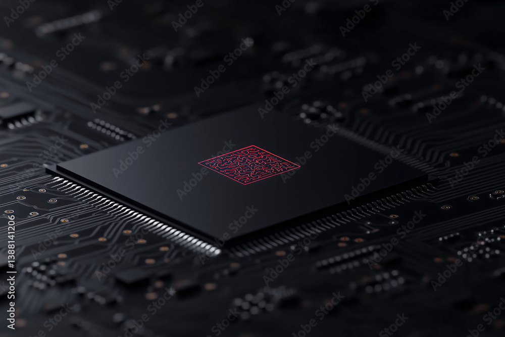 Aufkleber technological marvel: a close-up view of a microchip, its intricate circuits and dark backdrop exudi