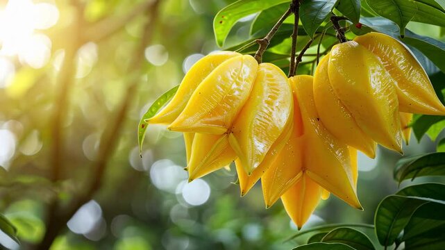 Carambola close-up on a tree. selective focus