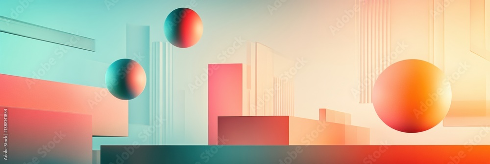 Poster Floating geometric shapes create a digital abstract background ideal for work-from-home concepts with futuristic tech vibes and soft gradients