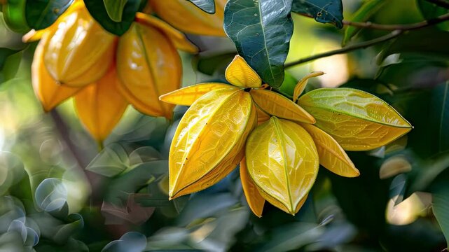 Carambola close-up on a tree. selective focus