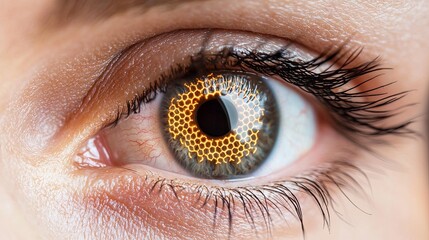 Fototapeta premium Close-up of a mesmerizing human eye with a striking honeycomb pattern, showcasing intricate details in a surreal, artistic style.