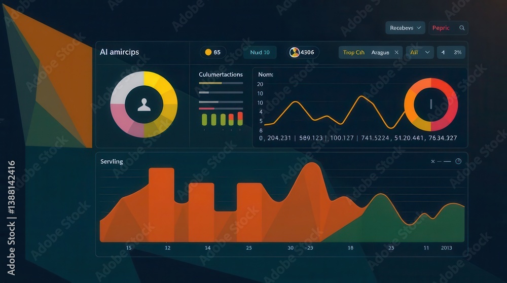 Poster data visualization dashboard: an abstract design featuring charts, graphs, and data metrics with blu